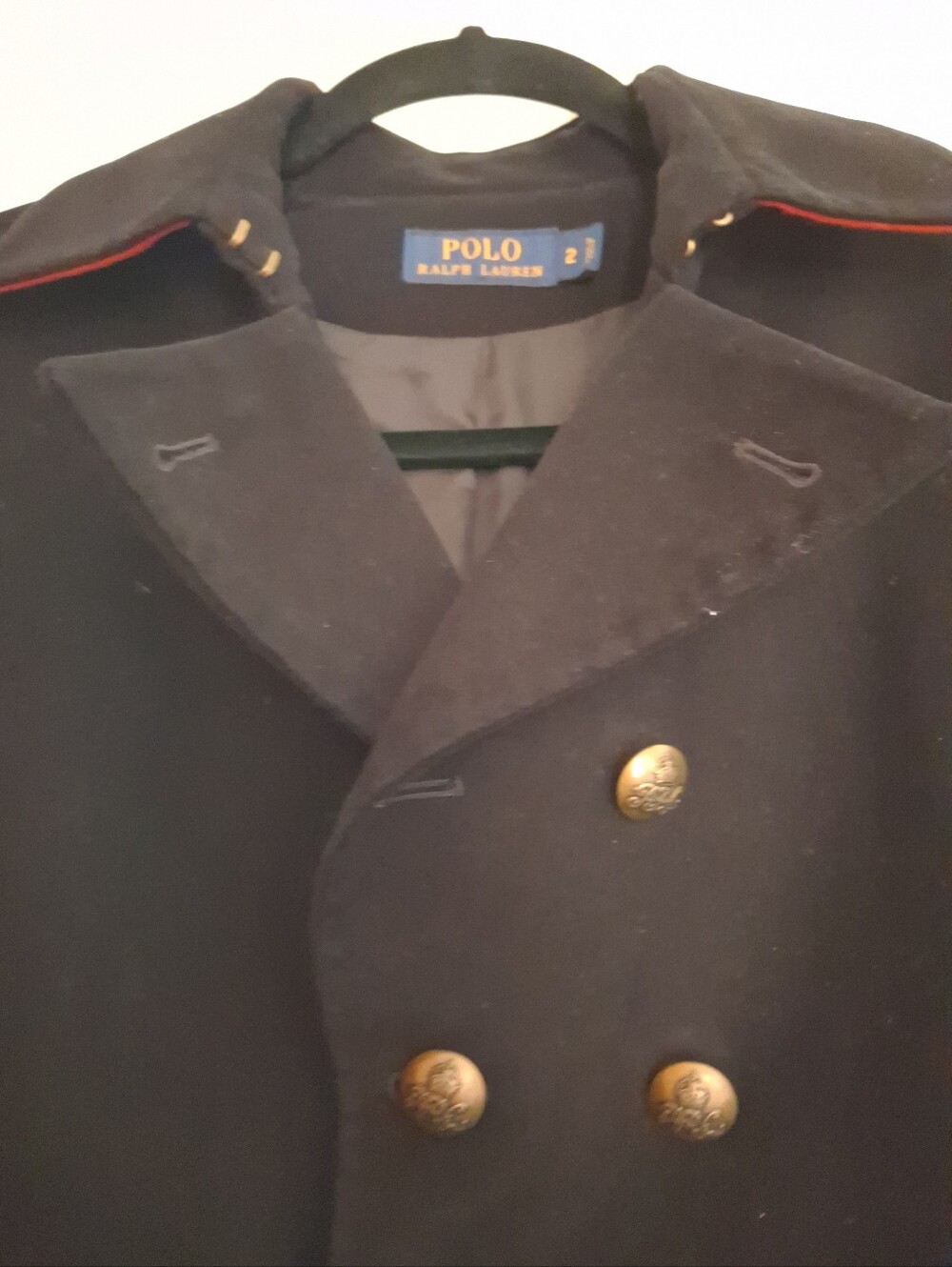 Ralph Lauren Black Double-Breasted Wool Coat with Red Piping - Picture 4 of 9
